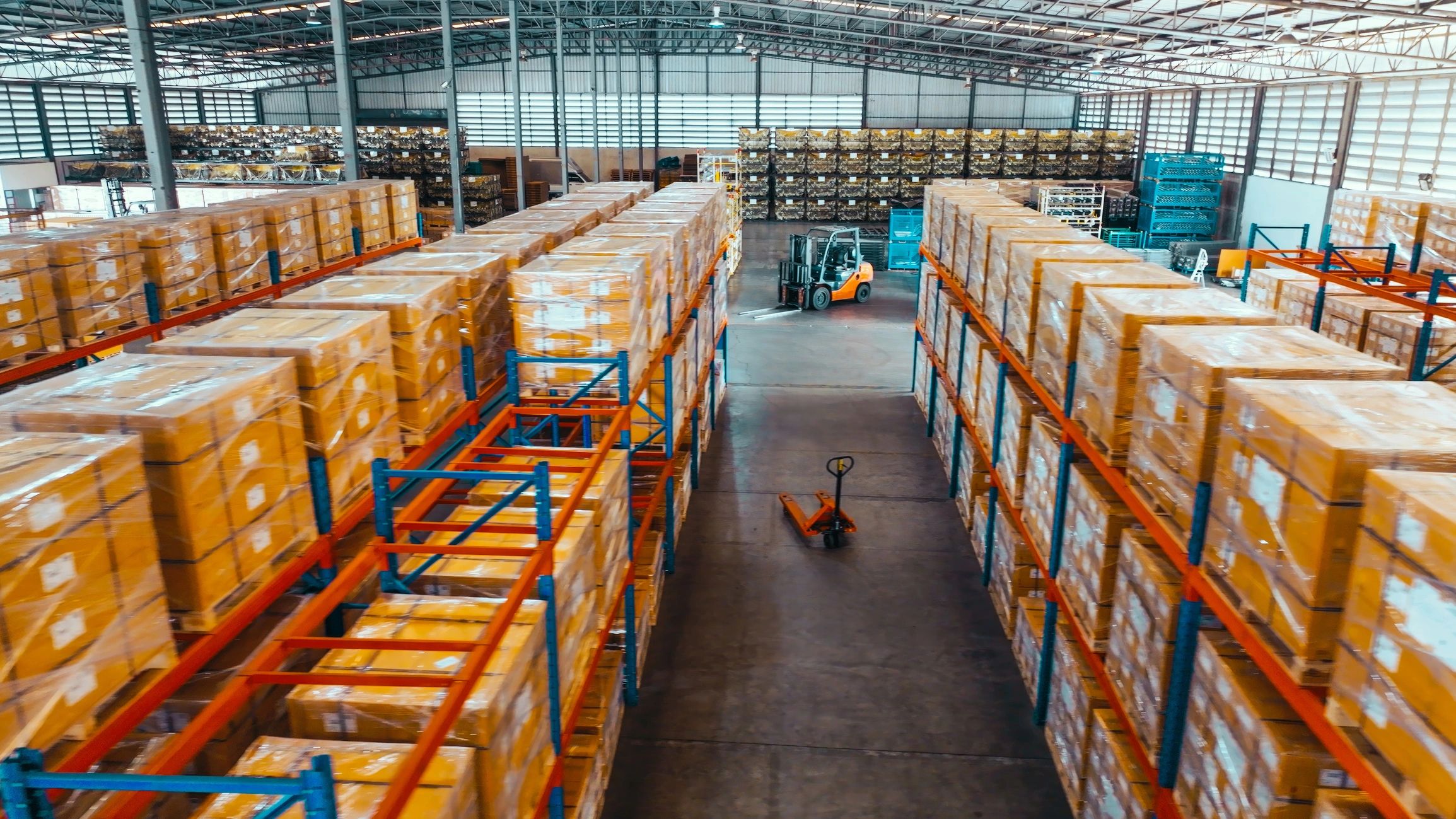 Warehouse shelves stocked with home improvement materials