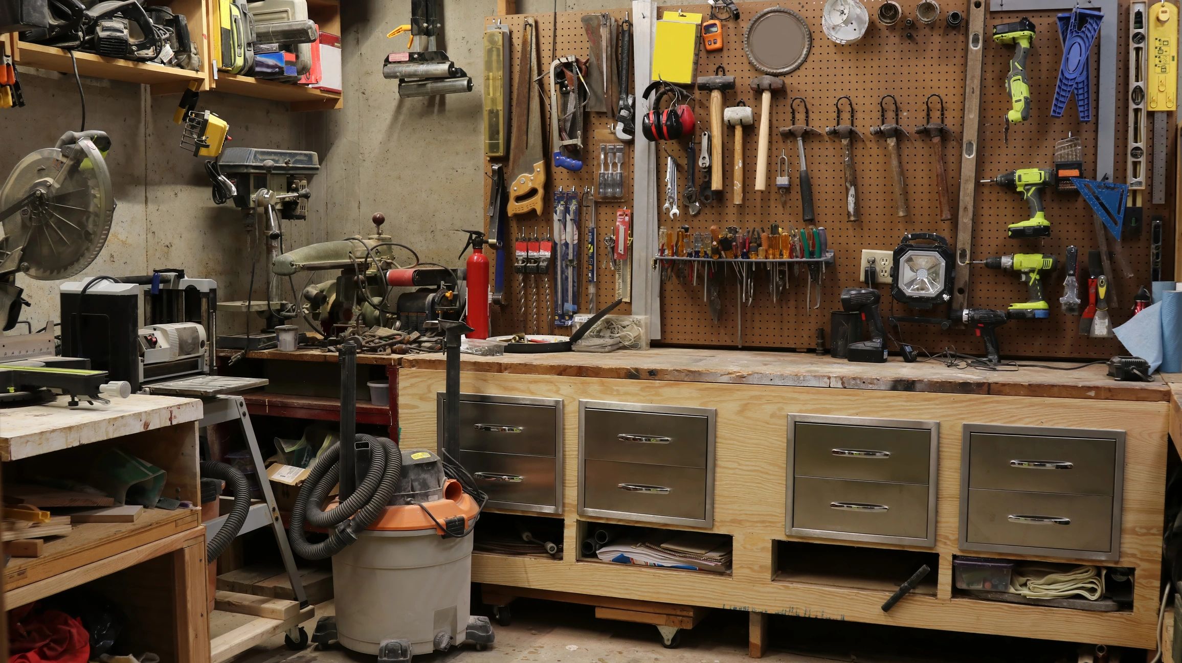 Organized workshop tools and hardware supplies
